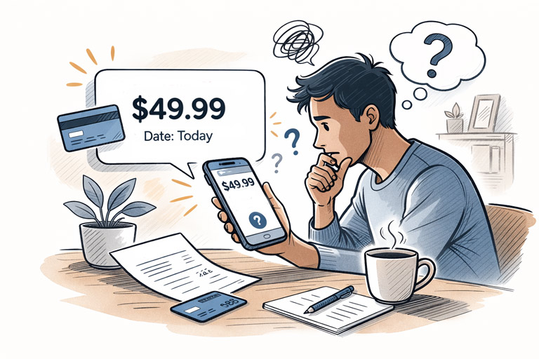 Customer looking at their phone, confused by an unrecognized credit card charge