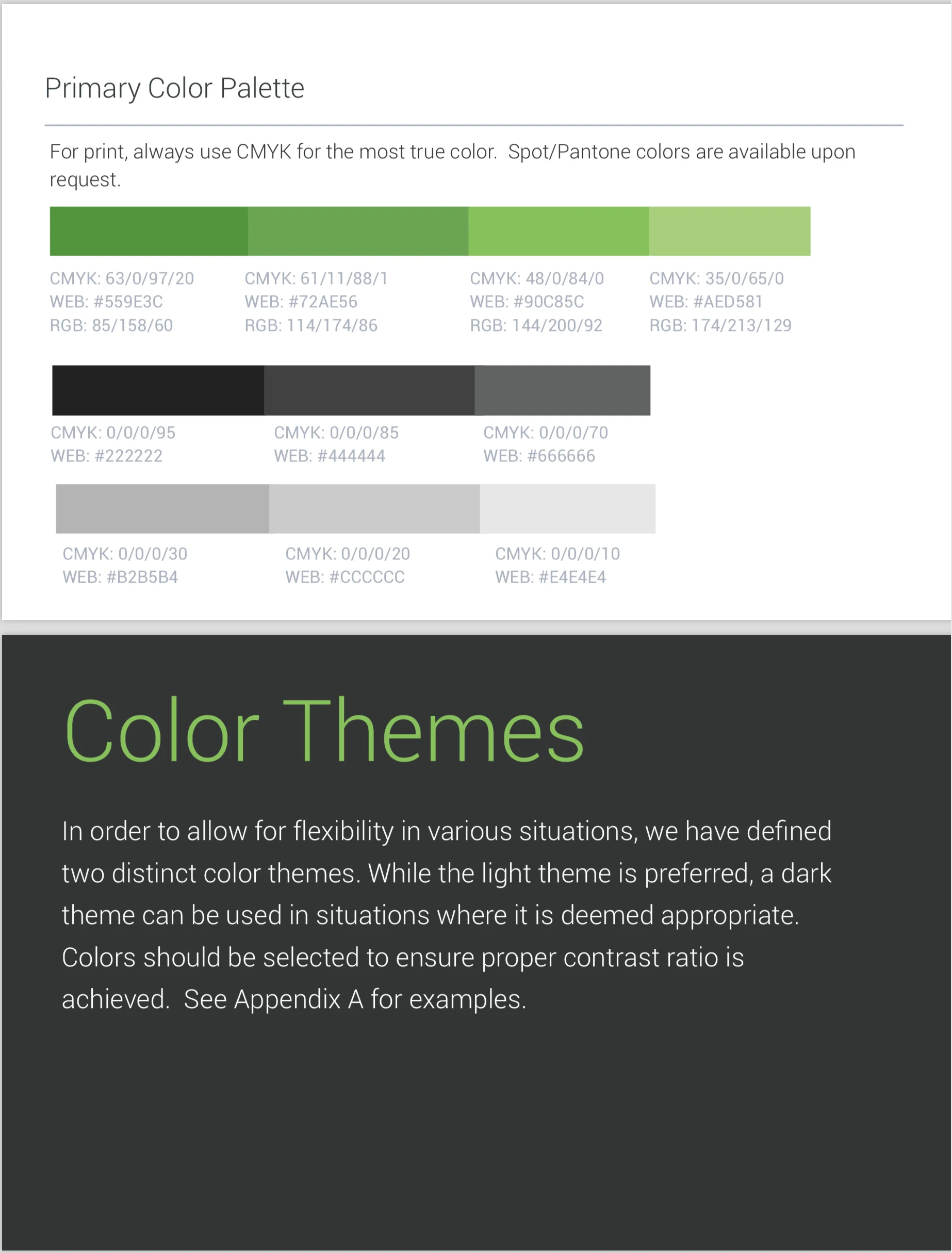 Brand guideline spread showing primary color palette and color themes