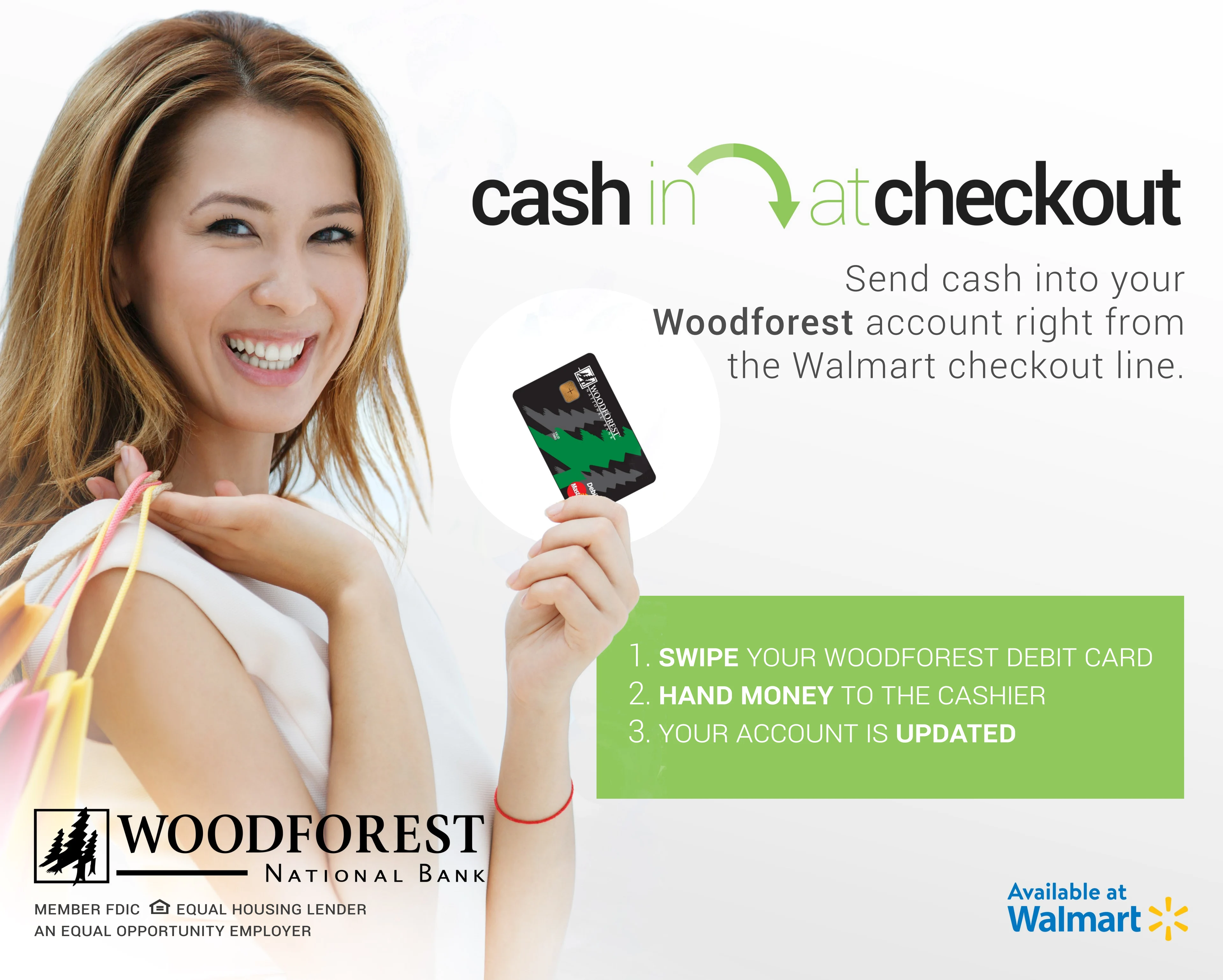 Marketing creative explaining cash in at checkout with step-by-step instructions