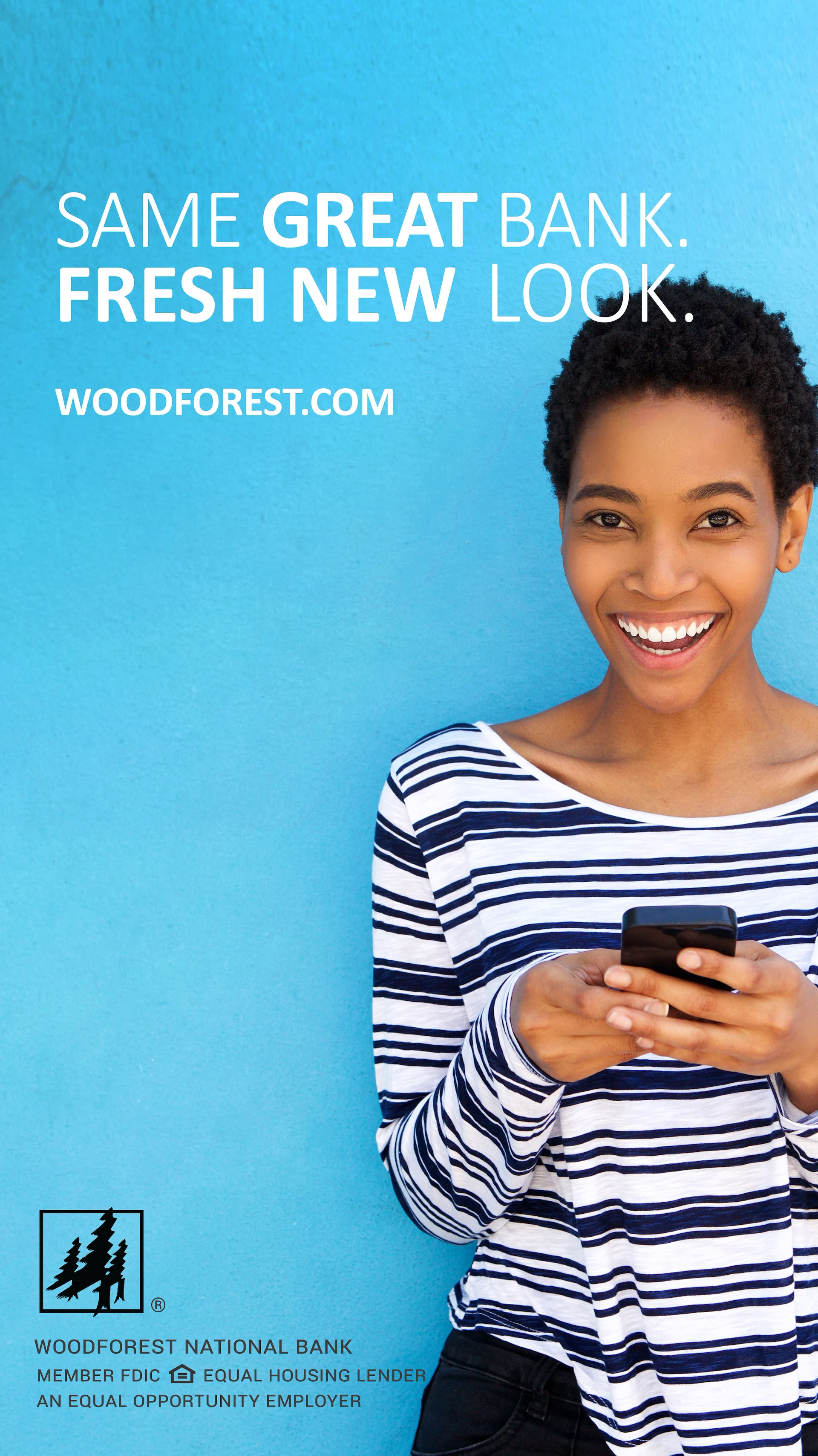 In-branch poster promoting Woodforest with bold headline and web address