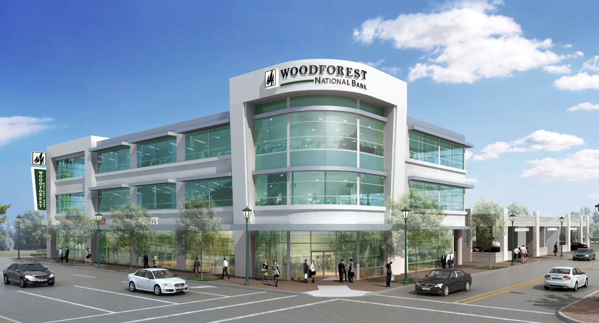 Architectural rendering of a Woodforest National Bank building with signage