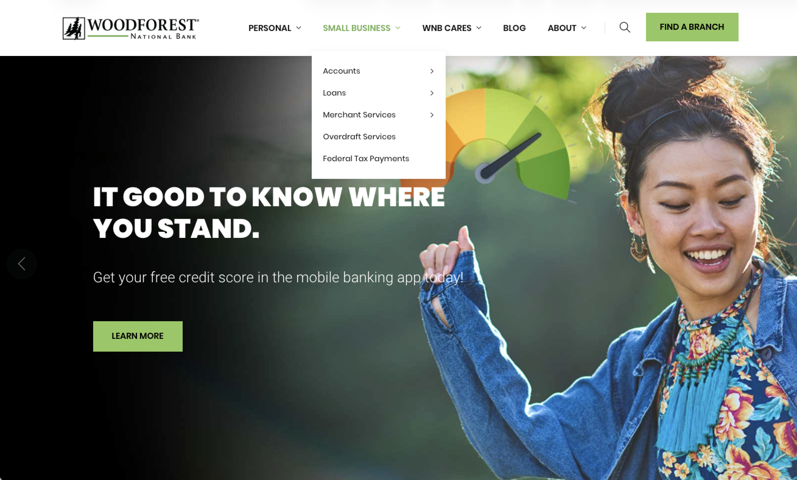 Website hero promoting credit score feature with Woodforest navigation and call-to-action