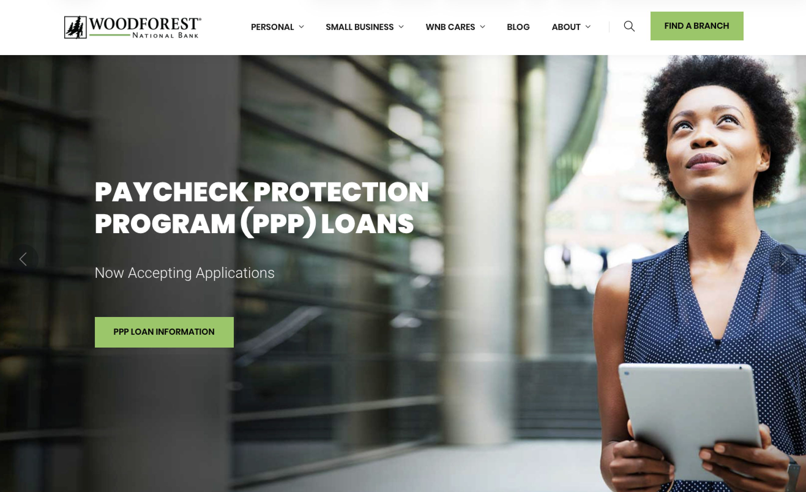 Website hero promoting credit score feature with Woodforest navigation and call-to-action