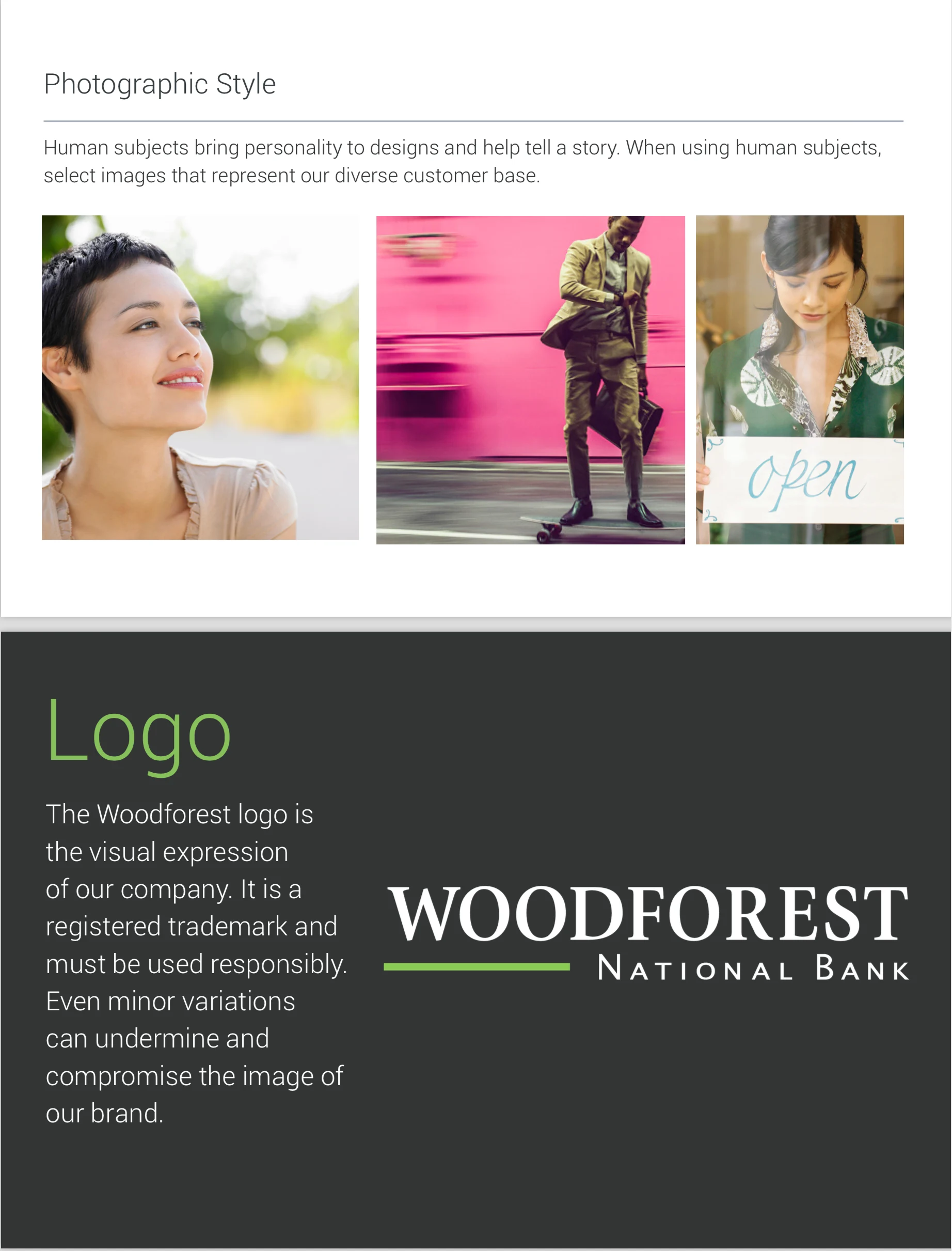 Brand guideline spread showing photographic style and logo usage