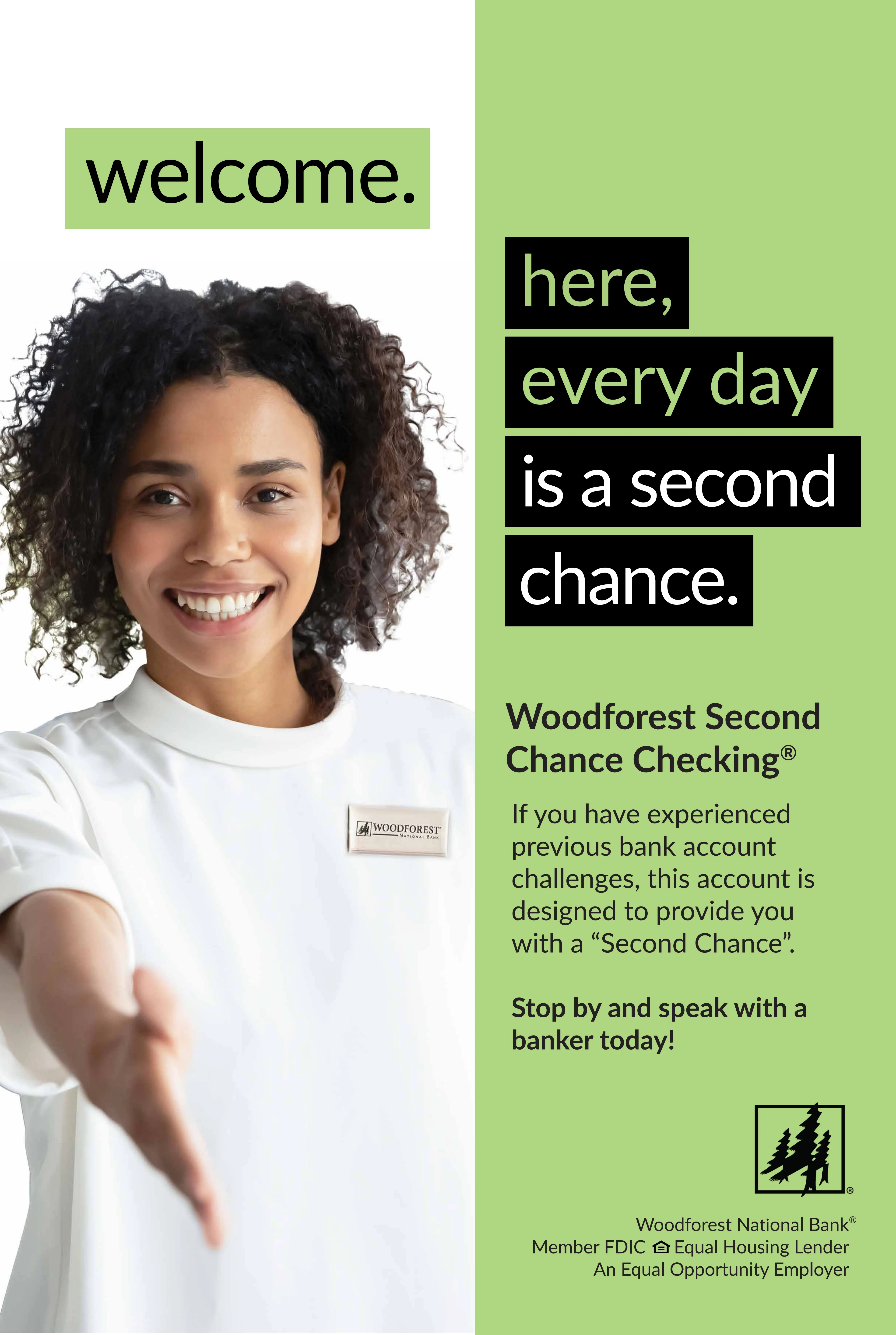 Marketing poster highlighting Woodforest Second Chance Checking messaging