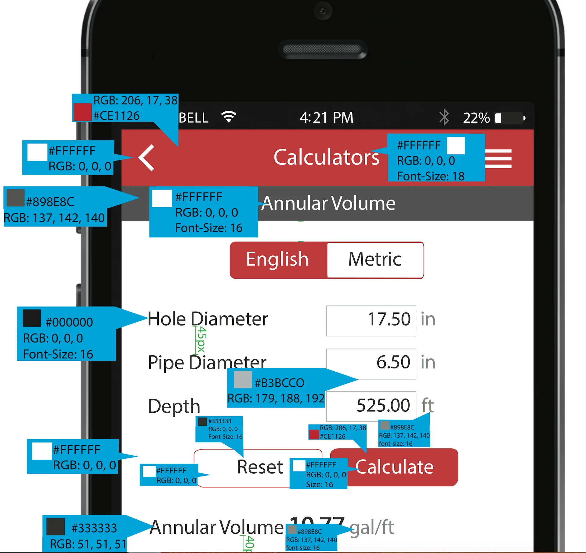 Mobile calculator screen annotated with UI specifications for a field operations app