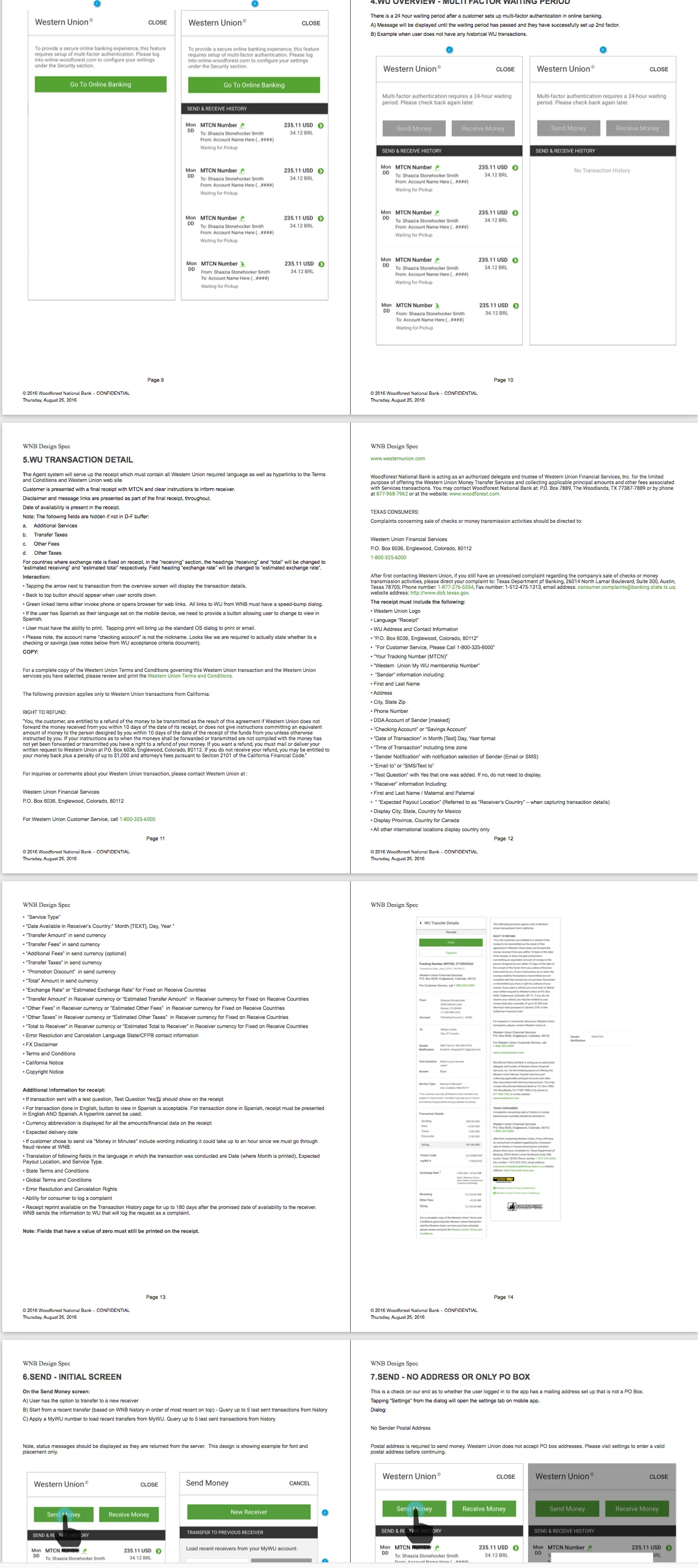 Mobile banking specifications showing detailed flow states and content rules